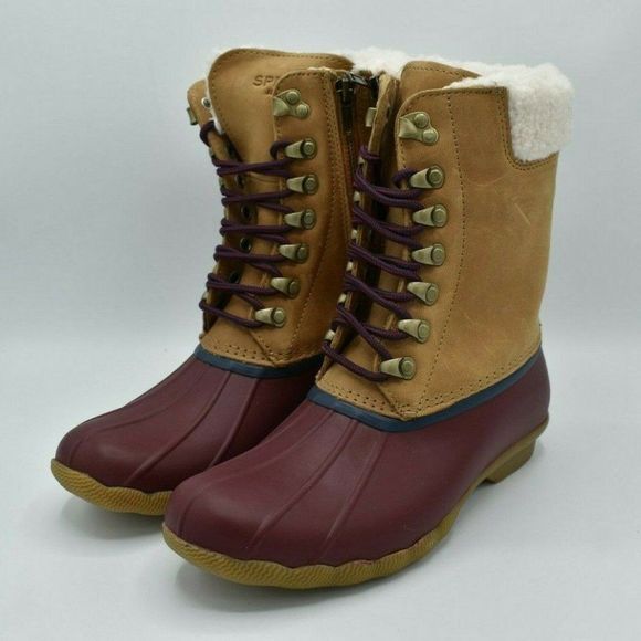NWB Sperry Womens Size 7 M Saltwater Tall Leather Cozy Tan Duck Boots STS85401 - Picture 1 of 11